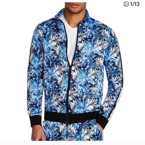 Tallia Sport Track Jacket Medium Blue Black Leaf Print Orange Stripe